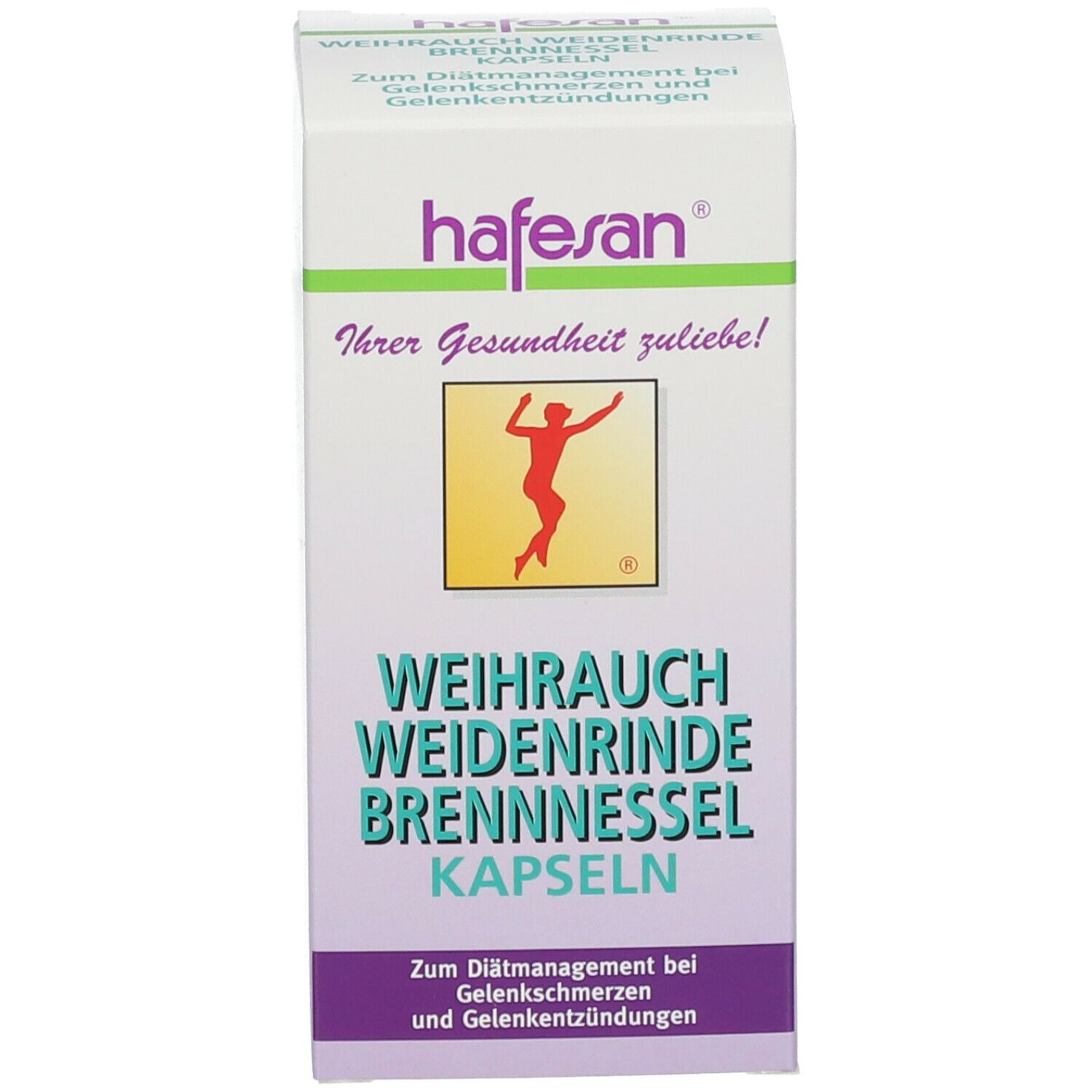 Weiße Schachtel. Aufschrift: hafesan, Weihrauch-Weidenrinde-Brennessel Kapseln. Logo. Text.