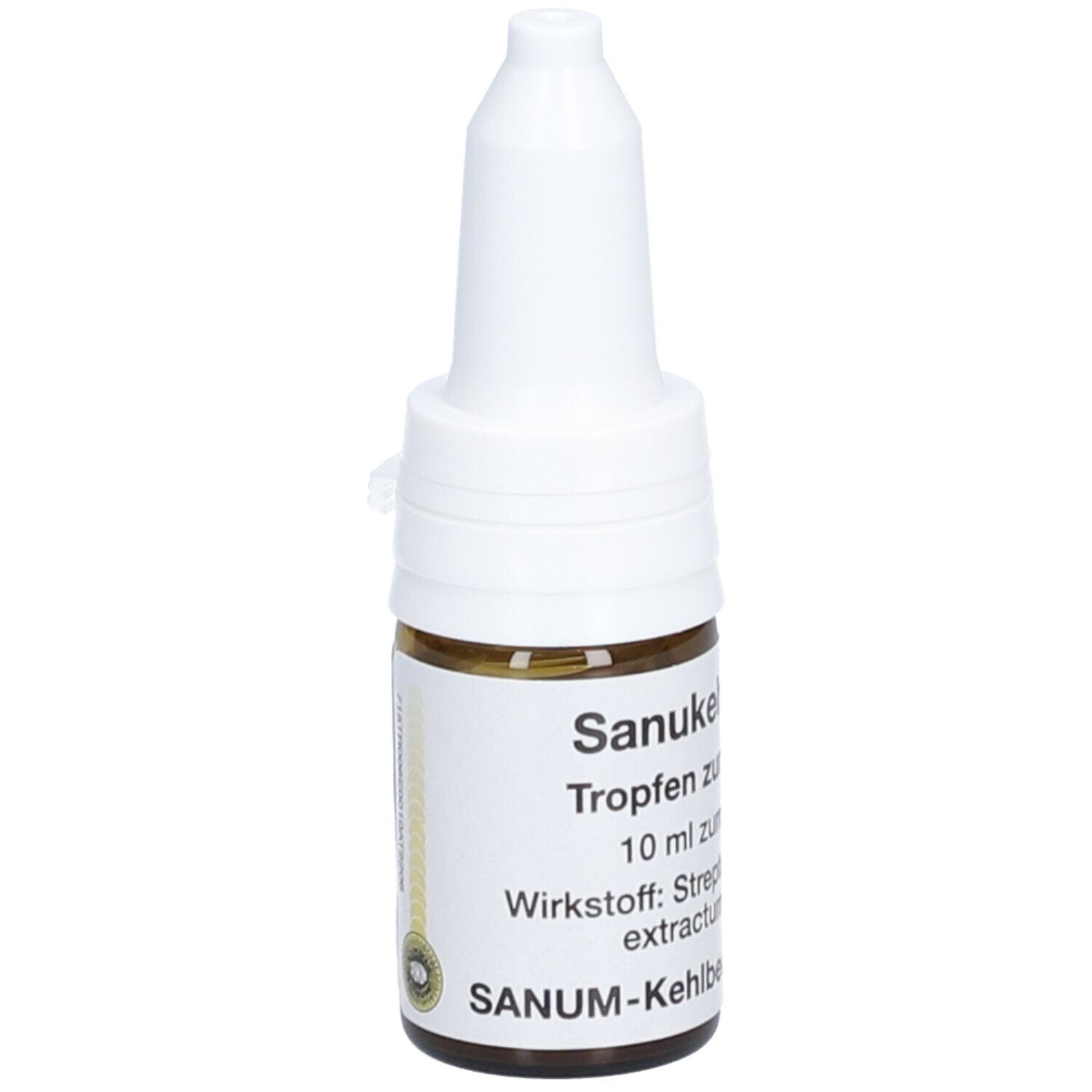Braune Glasflasche mit weißem Tropfaufsatz. Beschriftung: SANUKEHL, Tropfen zum Einnehmen, 10 ml.
