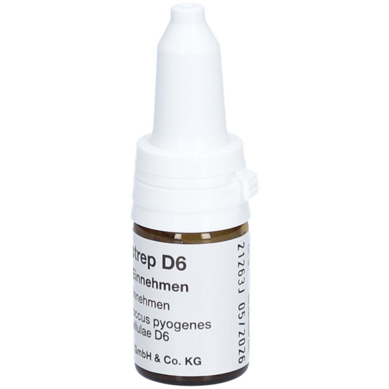 Braune Glasflasche mit weißem Tropfaufsatz. Beschriftung: Strep D6, Tropfen zum Einnehmen, 10 ml.