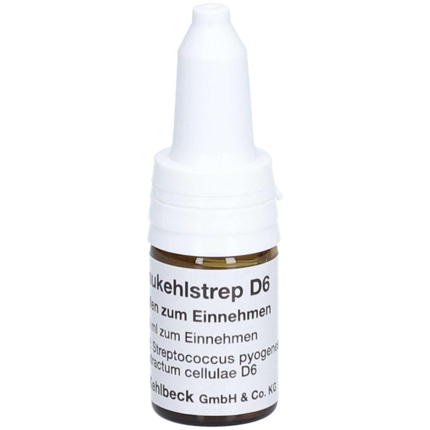 Braune Glasflasche mit weißem Tropfaufsatz. Beschriftung: SANUKEHL Strep D6, Tropfen zum Einnehmen.