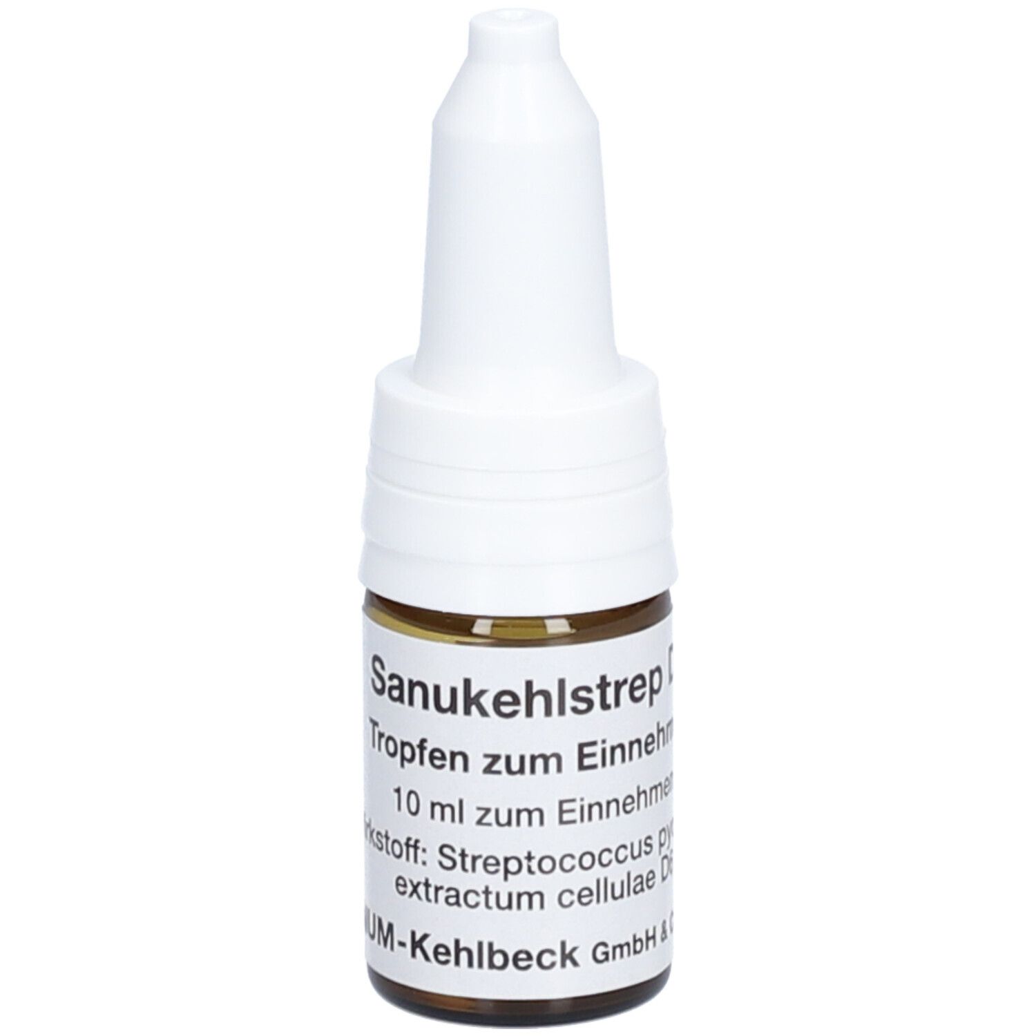 Braune Glasflasche mit weißem Tropfaufsatz. Beschriftung: SANUKEHL Strep D6, Tropfen zum Einnehmen, 10 ml.