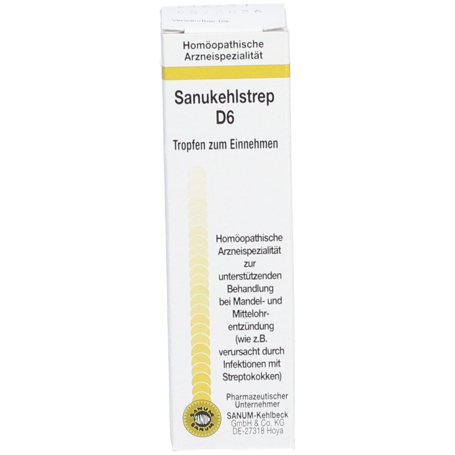 Verpackung von SANUKEHL Strep D6. Schachtel mit Produktinformationen und Logo.