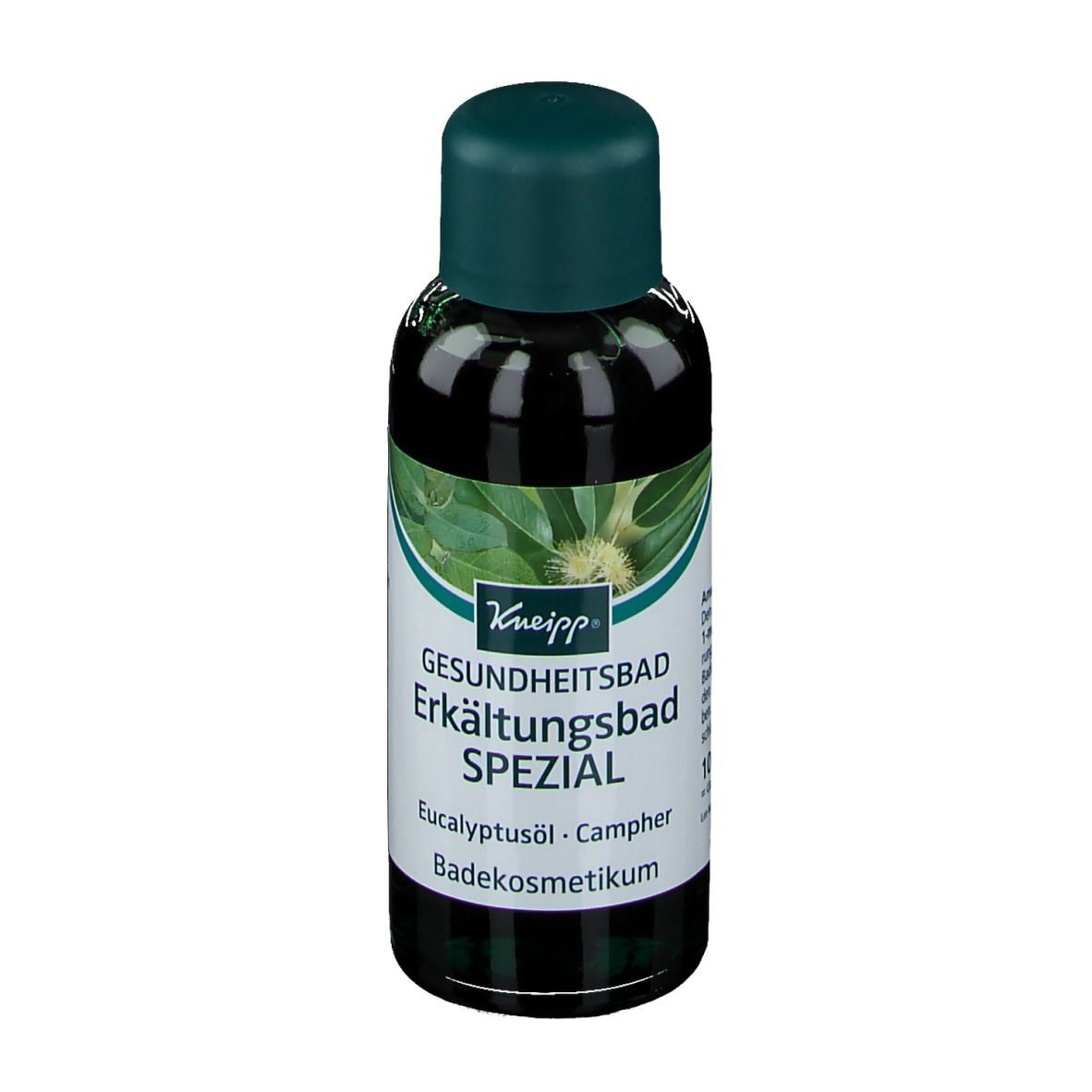 Flacon Kneipp Erkältungsbad Spezial. Liquide verdâtre, bouchon vert. Étiquette avec informations produit.