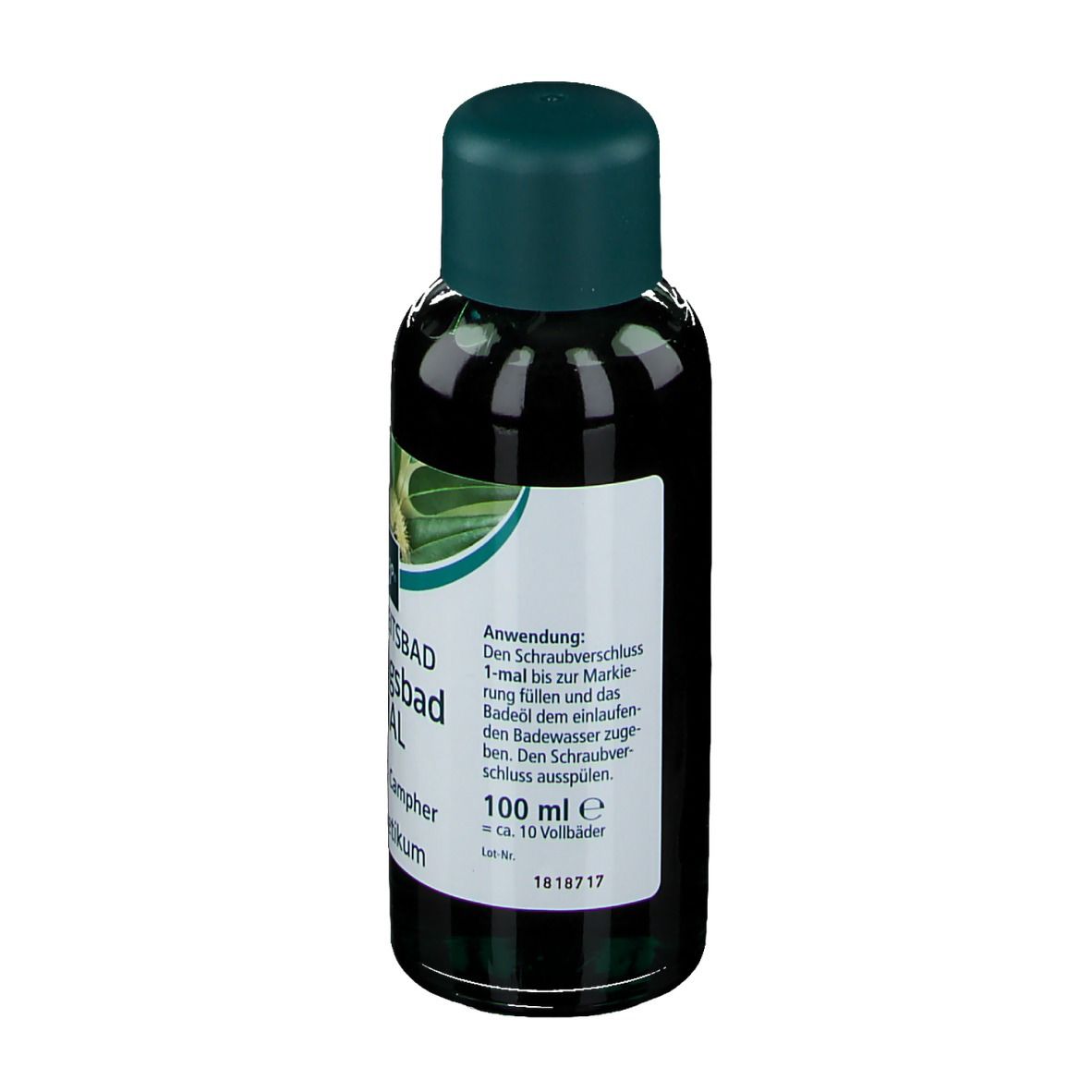 Vue arrière du flacon Kneipp Erkältungsbad Spezial. Étiquette avec informations d'utilisation et produit.