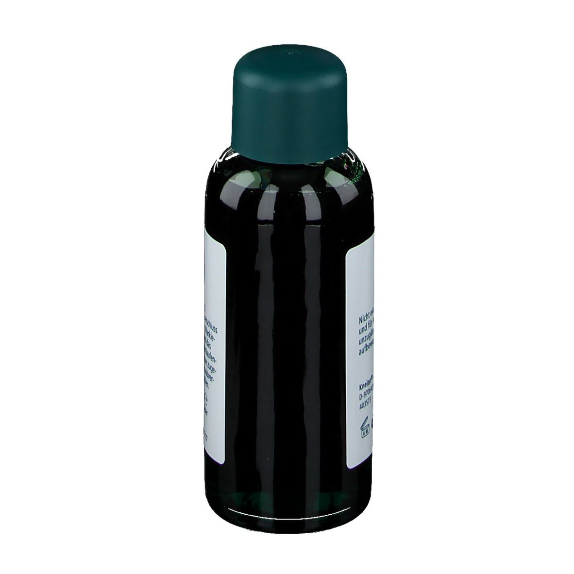 Flacon Kneipp Erkältungsbad Spezial, vue arrière. Étiquette avec informations produit, liquide vert.
