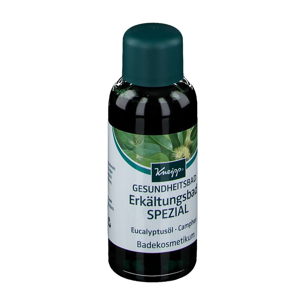 Flacon Kneipp Erkältungsbad Spezial. Étiquette avec nom du produit, liquide vert, bouchon vert.