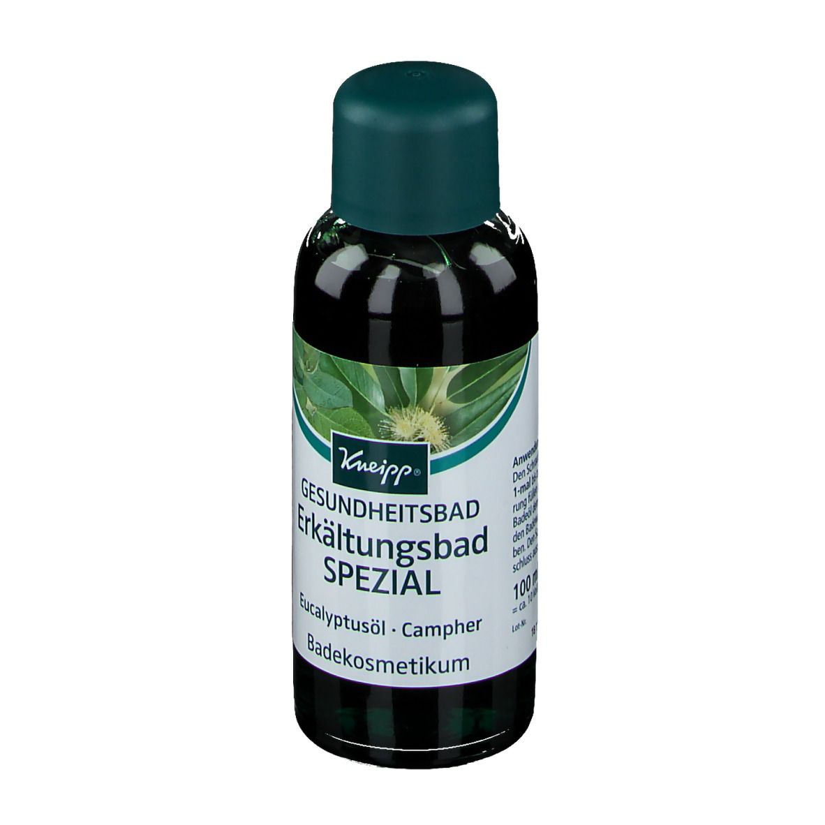 Flacon Kneipp Erkältungsbad Spezial. Étiquette avec informations produit, liquide vert.