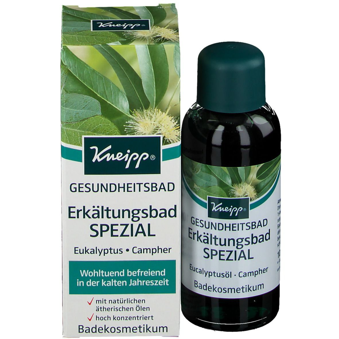 Flacon et emballage Kneipp Erkältungsbad Spezial. Flacon étiqueté, carton avec informations.
