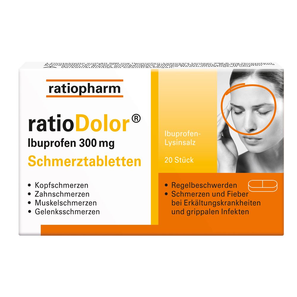 ratioDolor® akut 300 mg Schmerztabletten. Packung mit 20 Tabletten. Indikationen: Kopf-, Zahn-, Muskel- und Gelenkschmerzen.