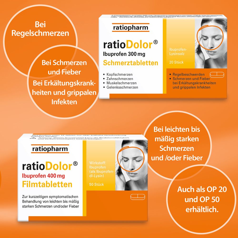 Produktabbildung mit Text: ratioDolor® akut 300 mg Schmerztabletten. Indikationen: Kopf-, Zahn-, Muskel- und Gelenkschmerzen.