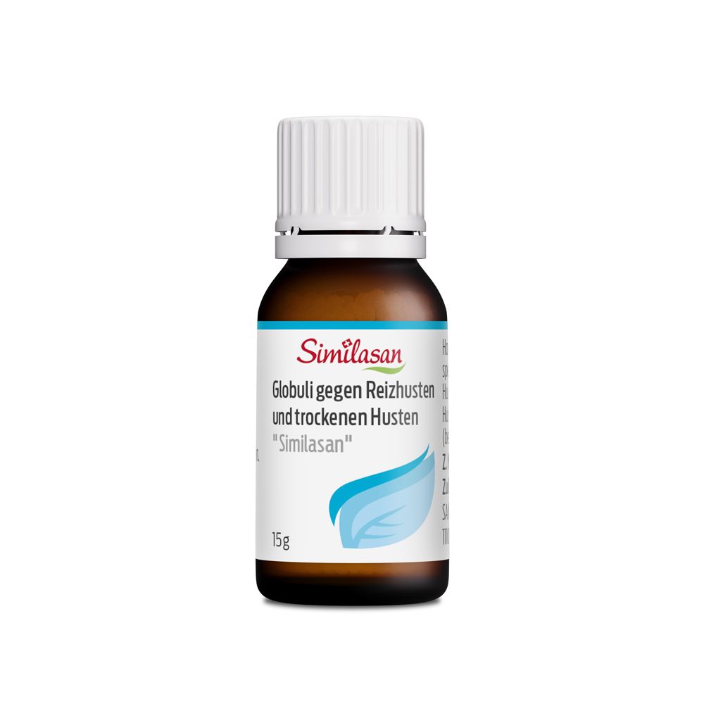 Braune Glasflasche mit "Similasan"-Globuli gegen Husten. 15g Packung. Weißer Deckel.