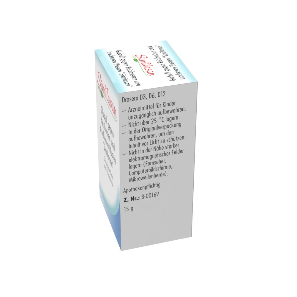 Schachtel mit "Similasan"-Globuli. Text: Dosierung, Aufbewahrung, Apothekenpflichtig. 15g.