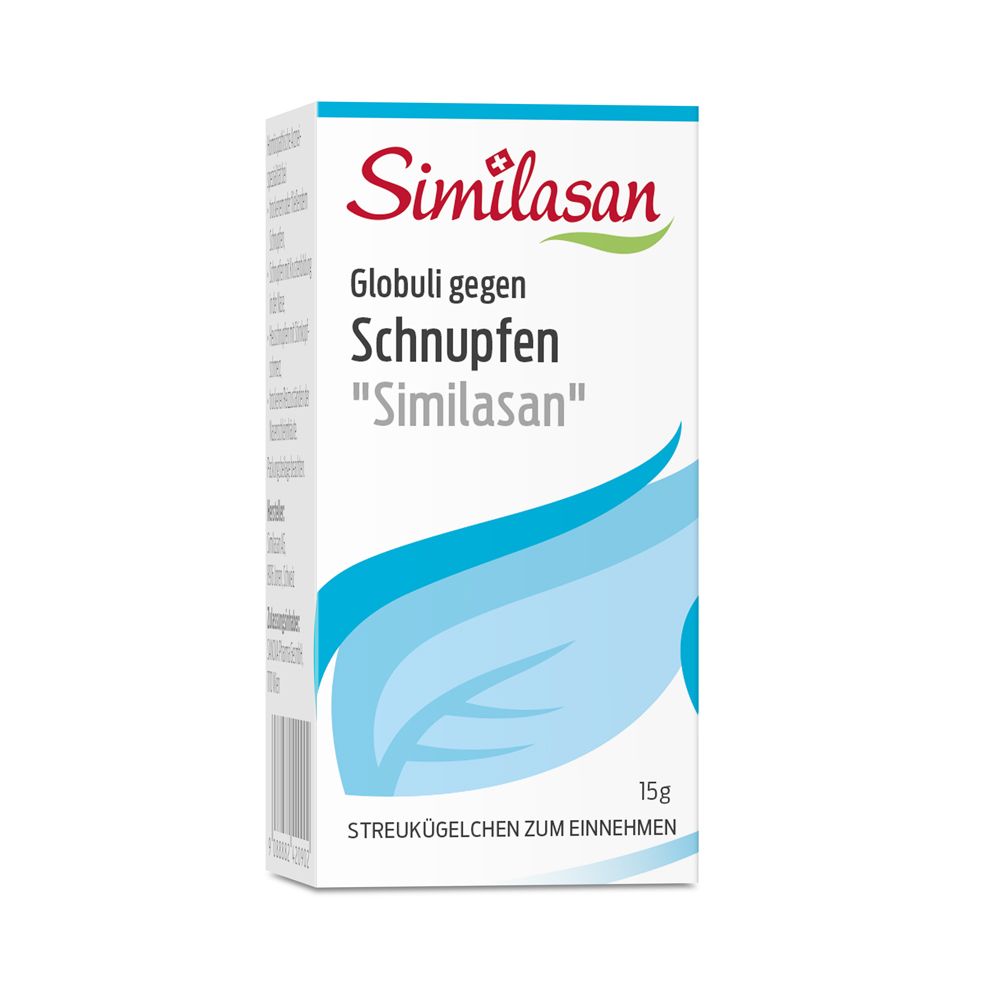 Weiße Schachtel mit blauer Welle. Aufschrift: Similasan, Globuli gegen Schnupfen. 15g.