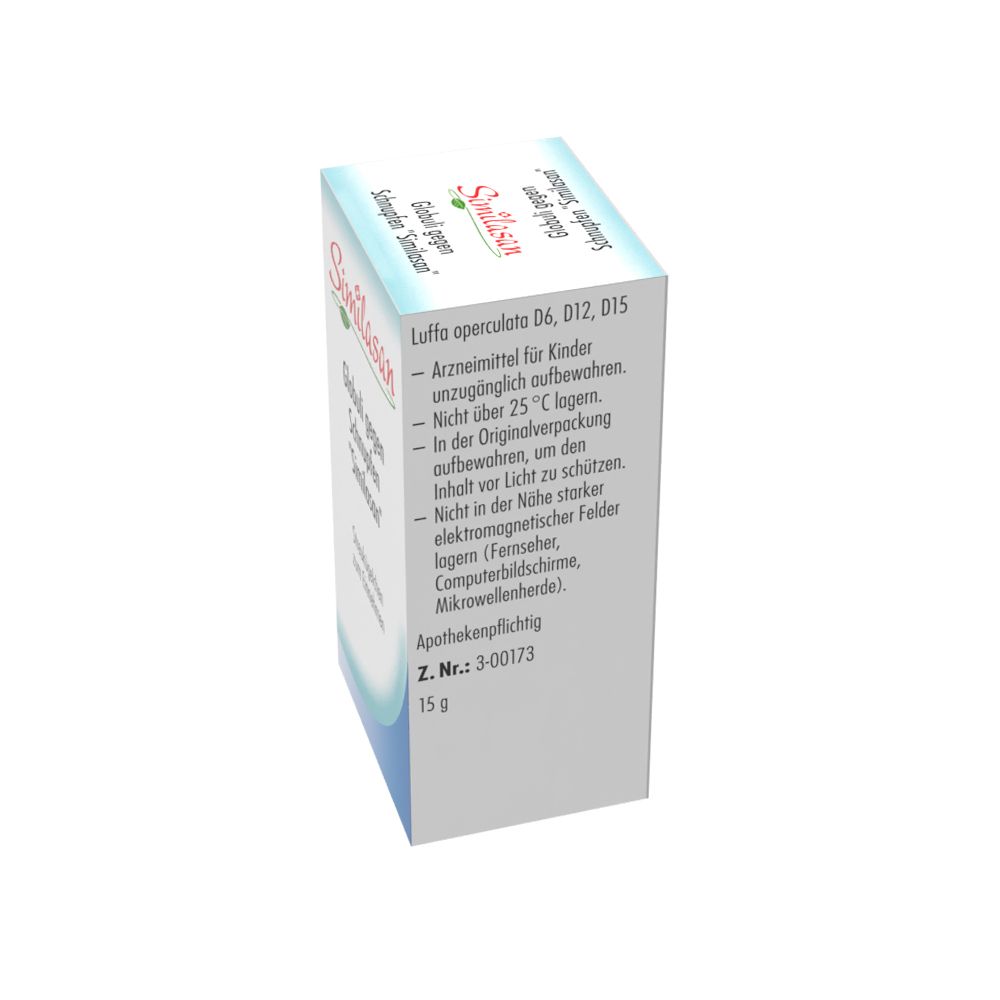 Schachtel mit Produktinformationen. Aufschrift: Similasan, Globuli gegen Schnupfen. 15g.
