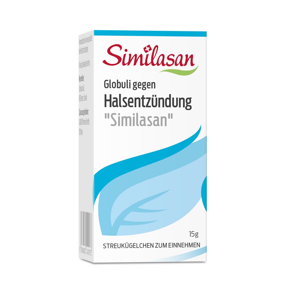 Schachtel mit Aufschrift: Globuli gegen Halsentzündung "Similasan". Blaue Blatt-Grafik.