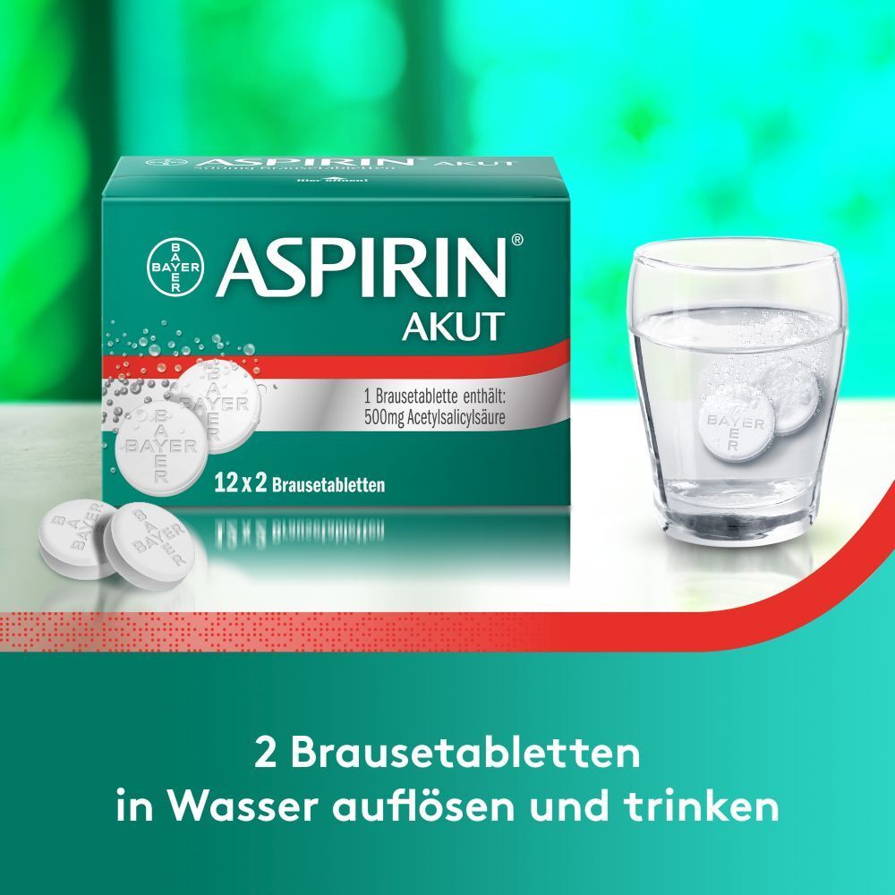 Brausetabletten in Glas Wasser. Text: 2 Brausetabletten in Wasser auflösen und trinken.