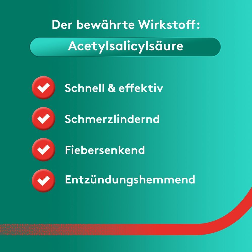 Text: Der bewährte Wirkstoff: Acetylsalicylsäure. Eigenschaften: Schnell & effektiv, schmerzlindernd, fiebersenkend, entzündungshemmend.