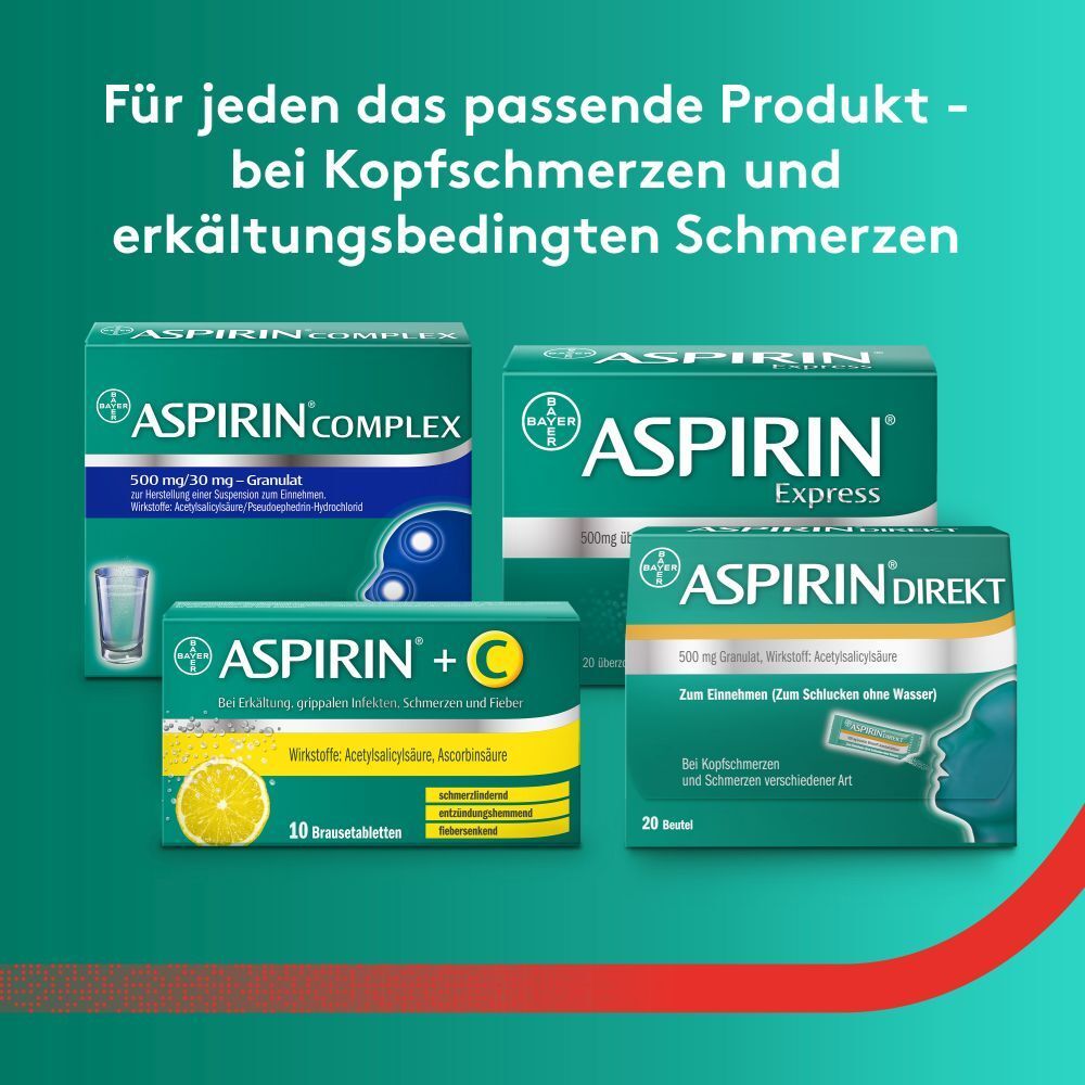 Verschiedene Aspirin-Produkte. Text: Für jeden das passende Produkt - bei Kopfschmerzen und erkältungsbedingten Schmerzen.