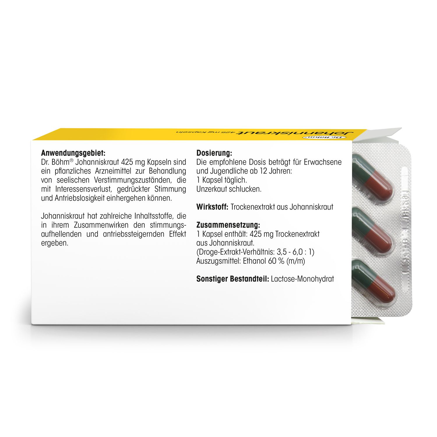 Rückseite der Schachtel mit Informationen zu Dr. Böhm Johanniskraut 425 mg Kapseln. Blisterpackung mit Kapseln.