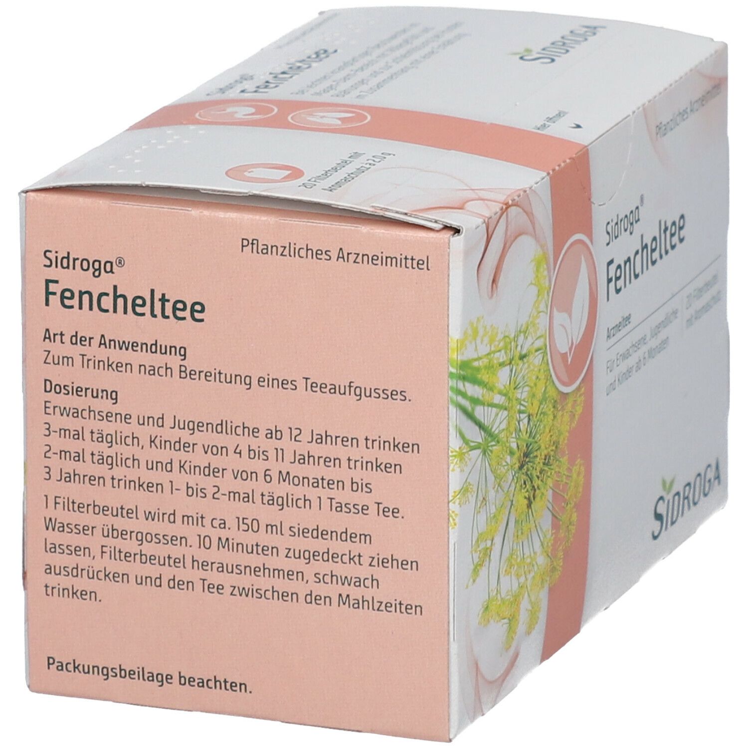 Rückseite der Sidroga® Fencheltee-Packung. Informationen zur Anwendung und Dosierung. Text in deutscher Sprache.