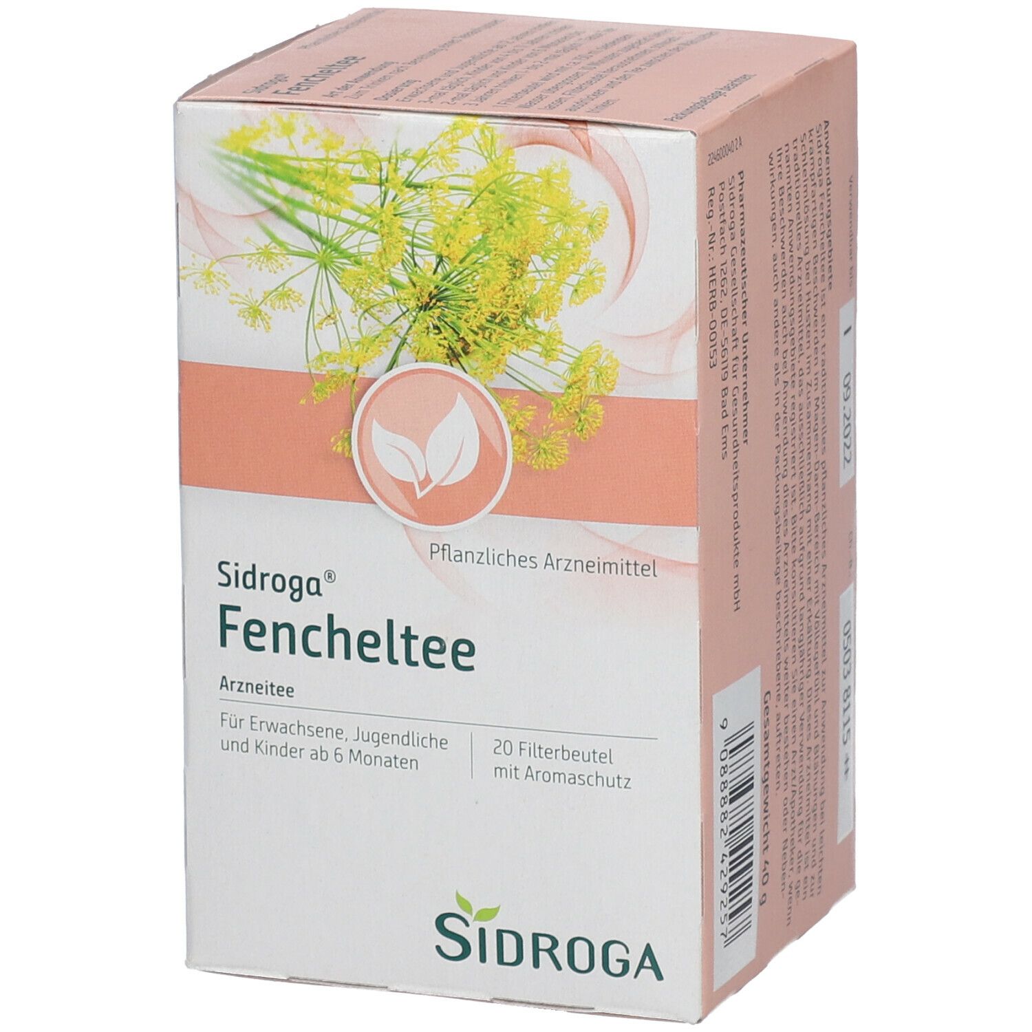Seitenansicht der Sidroga® Fencheltee-Packung. Weißer Karton mit Produktnamen und Logo. 20 Filterbeutel.