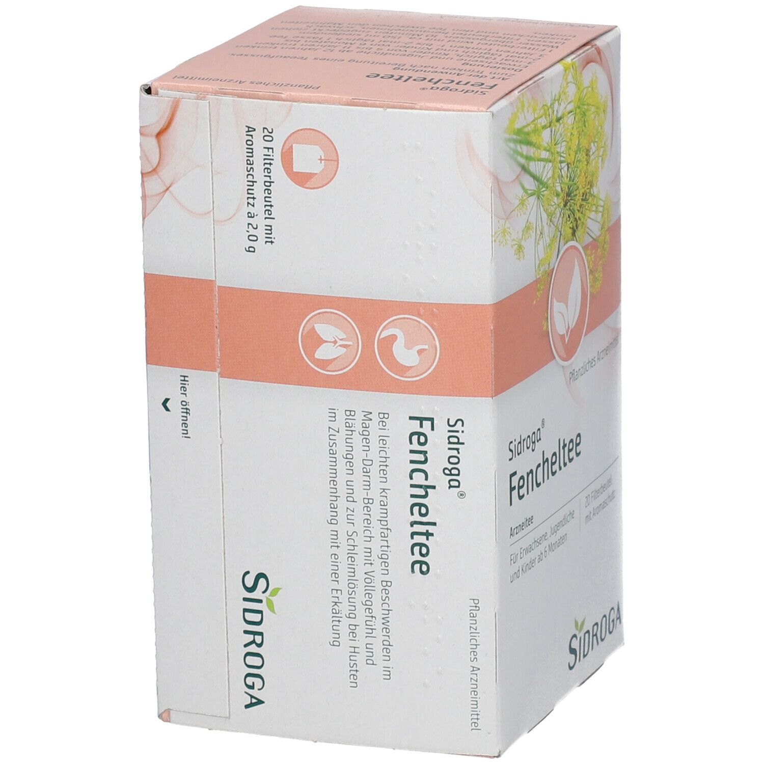 Schrägansicht der Sidroga® Fencheltee-Packung. Weißer Karton mit Produktnamen und Logo. 20 Filterbeutel.