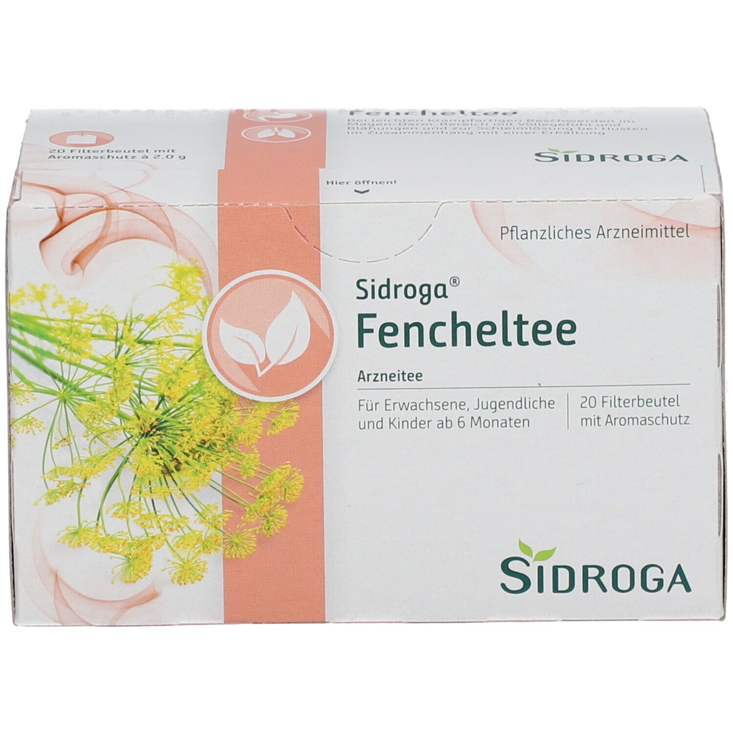 Sidroga® Fencheltee-Packung. Weißer Karton mit Produktnamen und Logo. 20 Filterbeutel mit Aromaschutz.