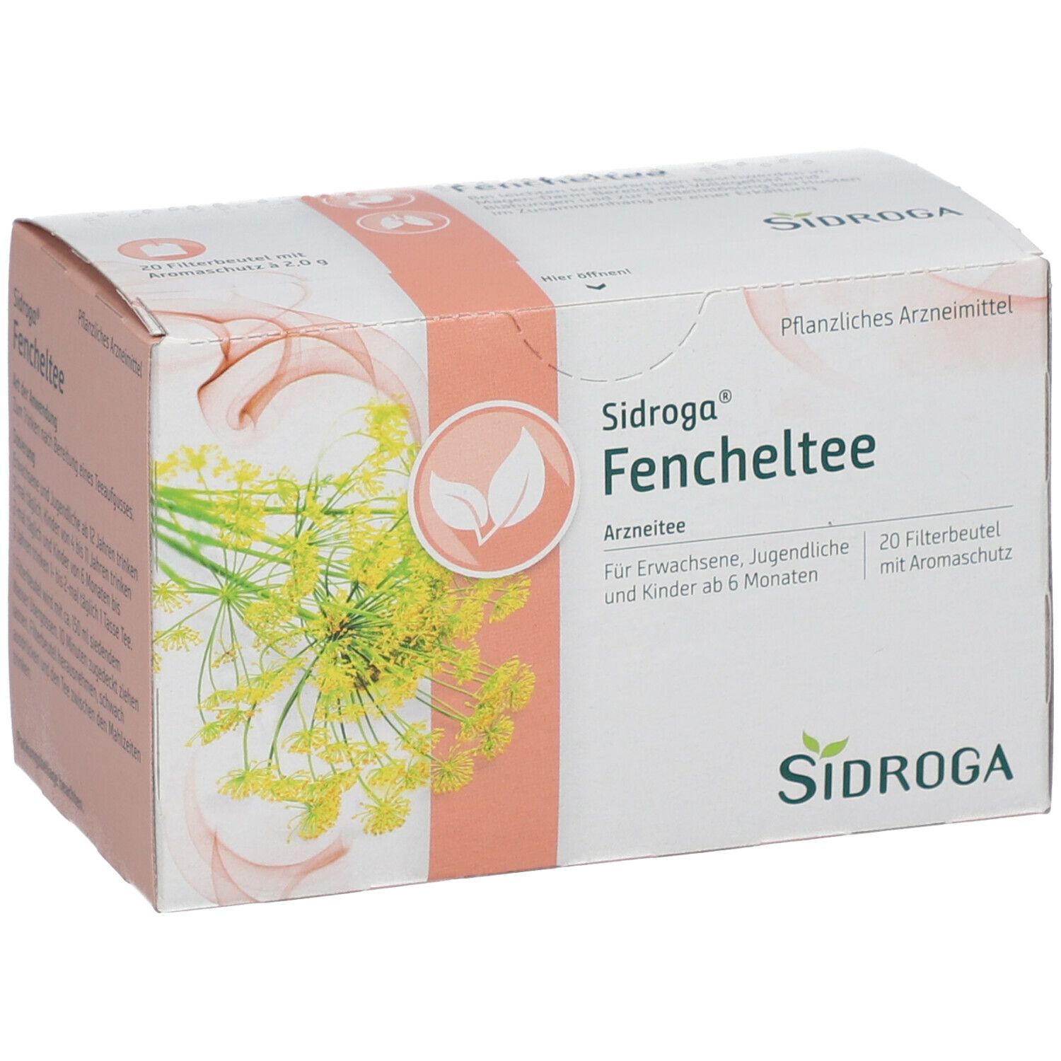 Sidroga® Fencheltee-Packung. Weißer Karton mit Produktnamen und Logo. 20 Filterbeutel mit Aromaschutz.