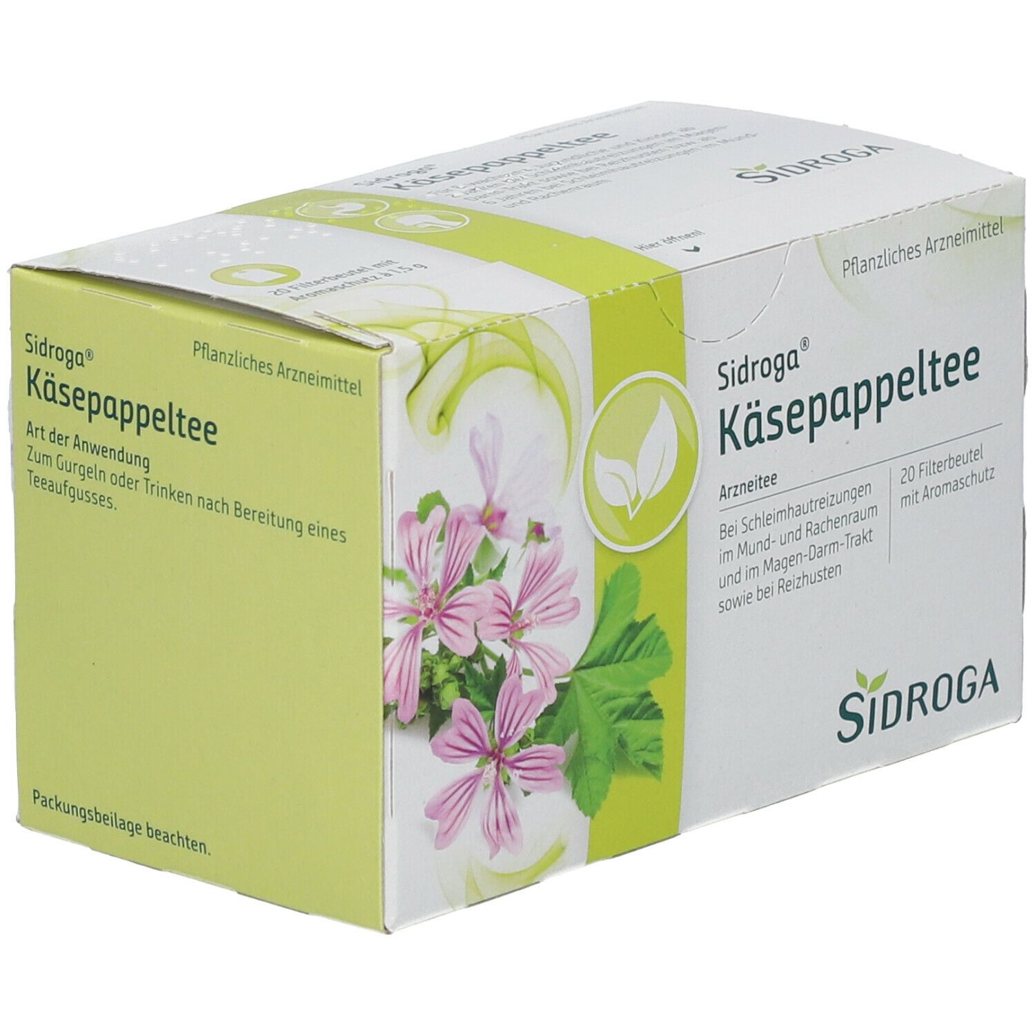 Sidroga Käsepappeltee-Packung. Weiß-grüne Schachtel mit Produktnamen, floralem Motiv und 20 Filterbeuteln. Ansicht schräg.
