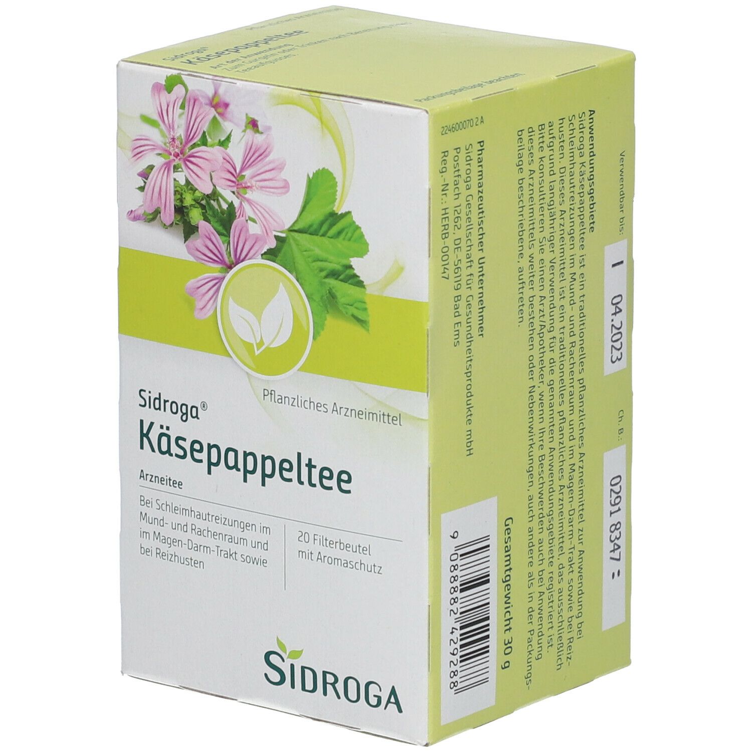 Sidroga Käsepappeltee-Packung. Weiß-grüne Schachtel mit Produktnamen, floralem Motiv und 20 Filterbeuteln. Detailansicht.