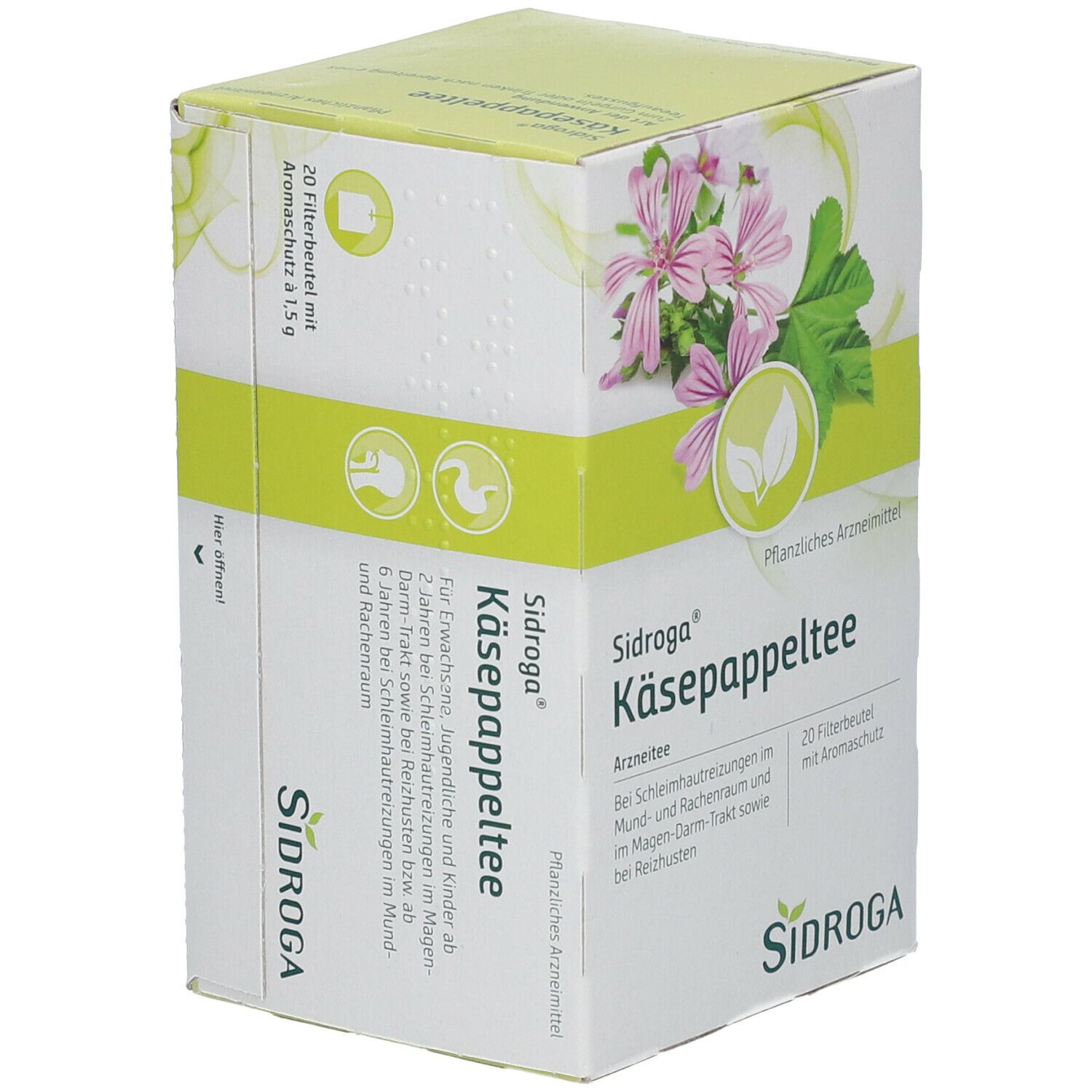 Sidroga Käsepappeltee-Packung. Weiß-grüne Schachtel mit Produktnamen, floralem Motiv und 20 Filterbeuteln. Seitenansicht.