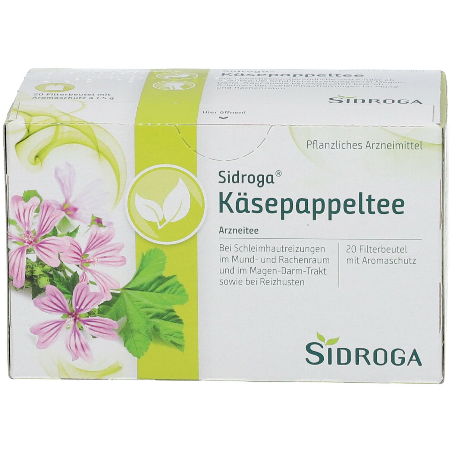 Sidroga Käsepappeltee-Packung. Weiß-grüne Schachtel mit Produktnamen, floralem Motiv und 20 Filterbeuteln. Vorderansicht.