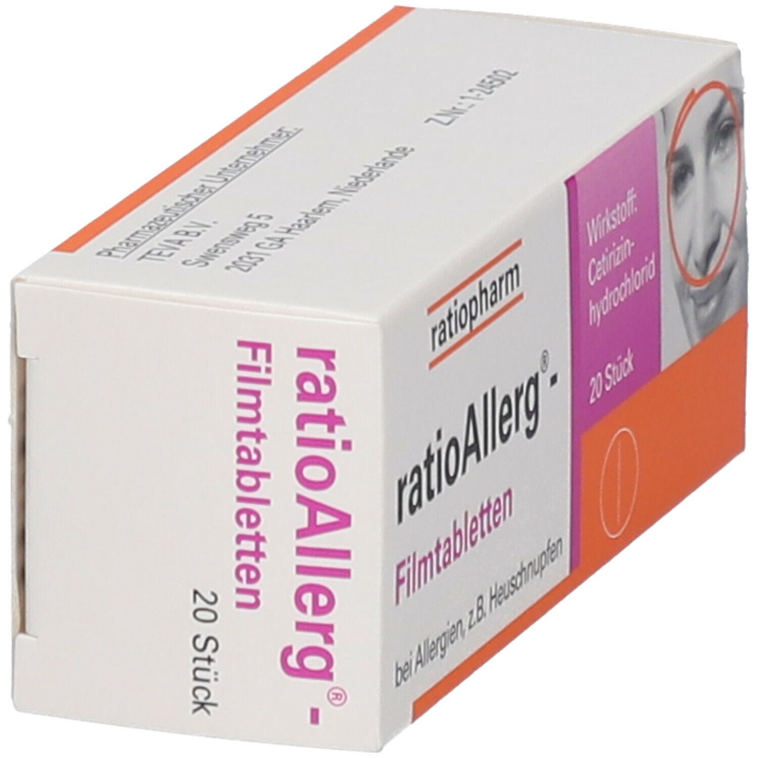 Schachtel mit ratioAllerg-Filmtabletten, schräg von vorne. Aufdruck: 20 Stück, Wirkstoff Cetirizindihydrochlorid. Abbildung eines Gesichts.