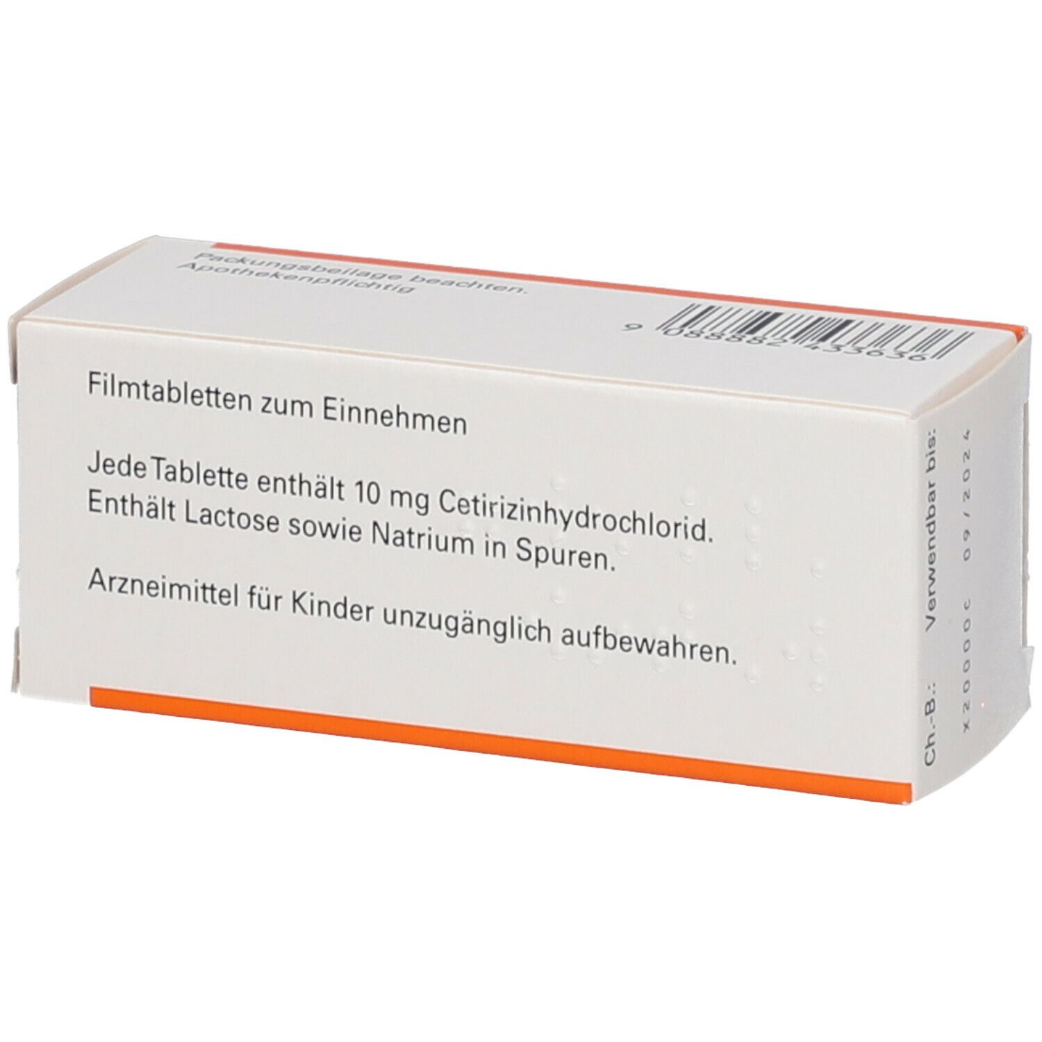 Rückseite einer Schachtel mit ratioAllerg-Filmtabletten. Text: Filmtabletten zum Einnehmen. Enthält 10 mg Cetirizindihydrochlorid.