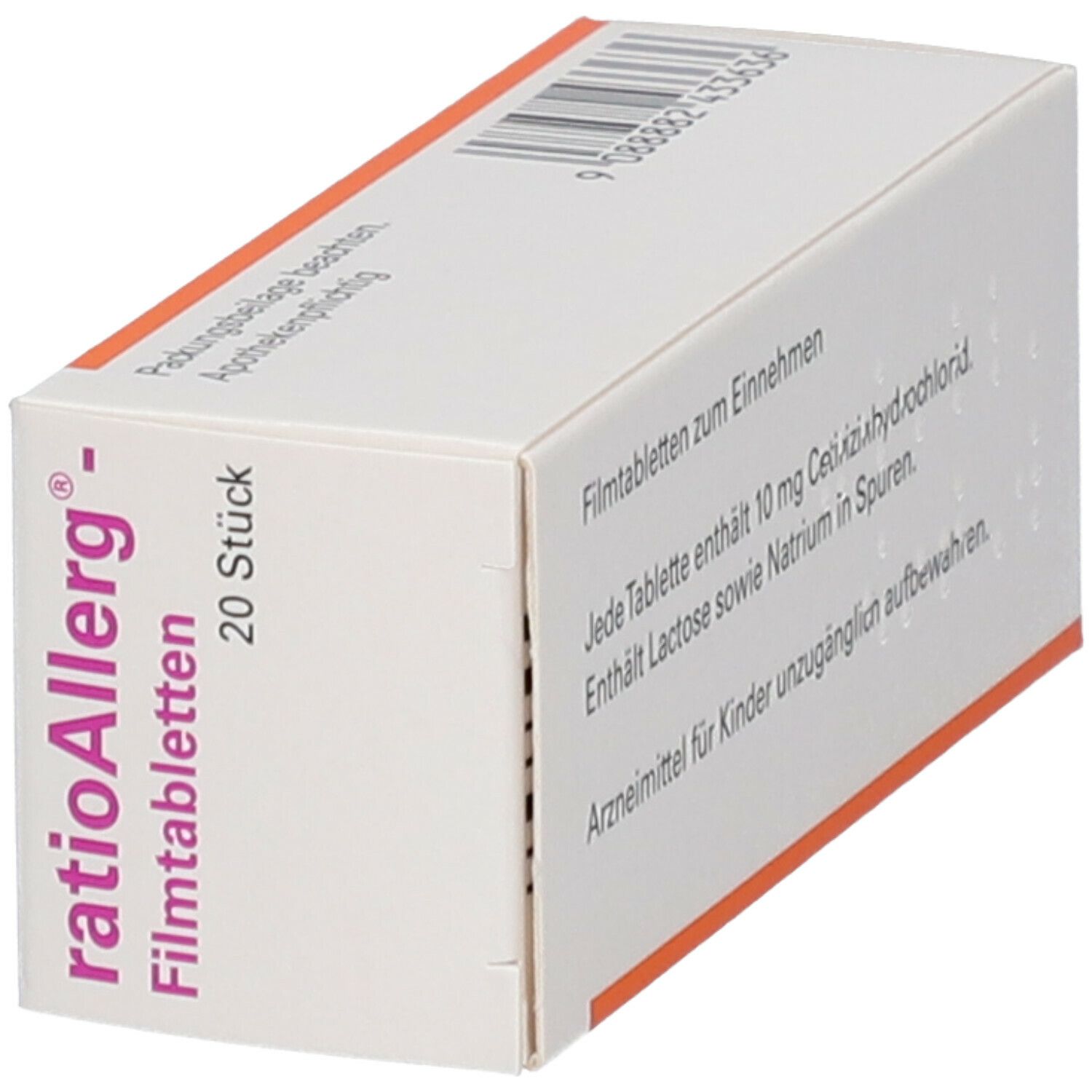 Schachtel mit ratioAllerg-Filmtabletten, schräg von hinten. Text: Filmtabletten zum Einnehmen. Enthält 10 mg Cetirizindihydrochlorid.