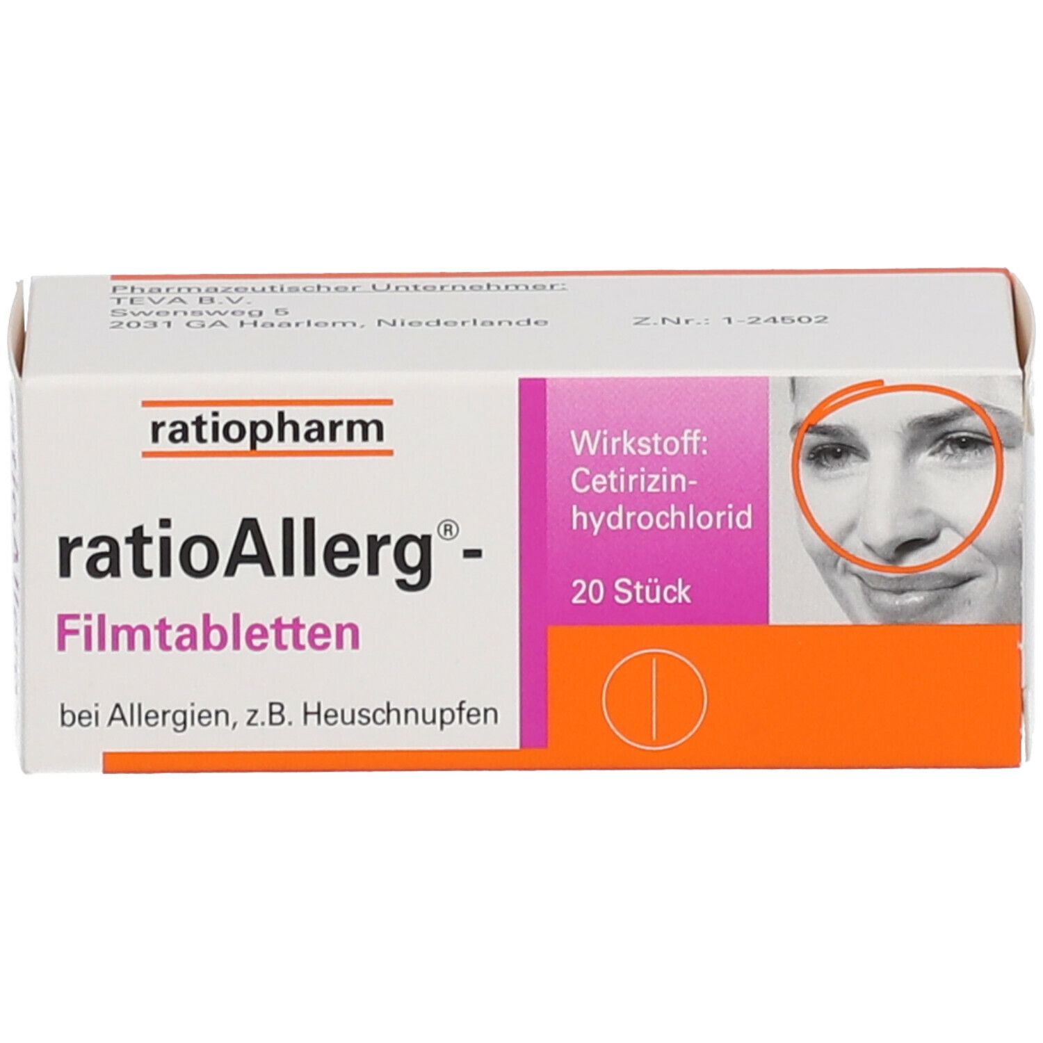 Schachtel mit ratioAllerg-Filmtabletten. Aufdruck: 20 Stück, Wirkstoff Cetirizindihydrochlorid. Abbildung eines Gesichts.