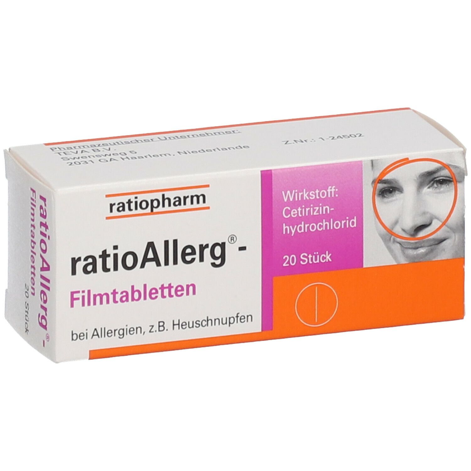 Schachtel mit ratioAllerg-Filmtabletten. Aufdruck: 20 Stück, Wirkstoff Cetirizindihydrochlorid. Abbildung eines Gesichts.