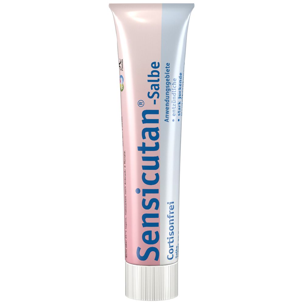 Tube Sensicutan®-Salbe. Aufschrift: Cortisonfrei. Anwendungsgebiete: entzündliche, stark juckende Hautkrankheiten.