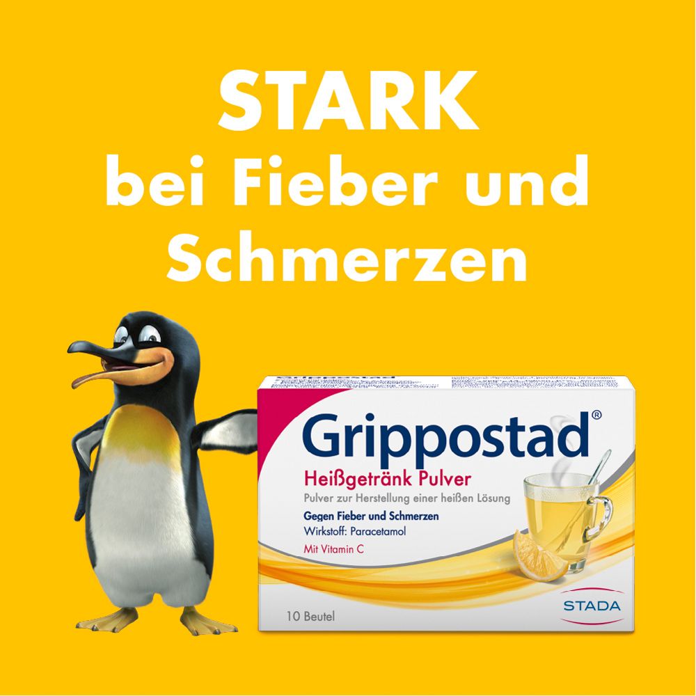 Packung Grippostad® Heißgetränk Pulver neben Pinguin-Cartoon. Text: Stark bei Fieber und Schmerzen.
