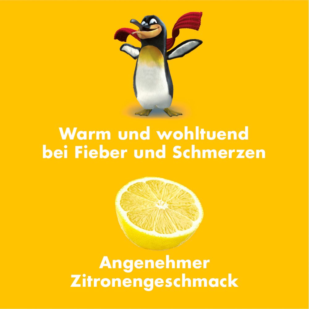 Pinguin-Cartoon mit Zitrone. Text: Warm und wohltuend bei Fieber und Schmerzen. Angenehmer Zitronengeschmack.