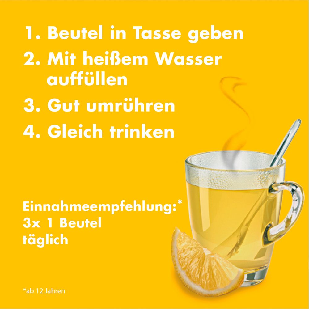 Anleitung: Beutel in Tasse, heißes Wasser, umrühren, trinken. Empfehlung: 3x1 Beutel täglich. Zitrone und Getränk.