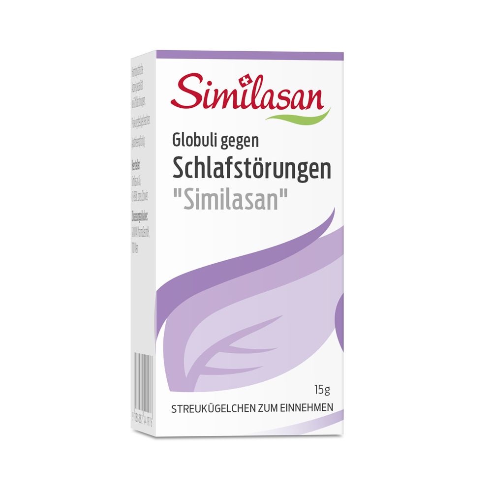 Schachtel mit Produktnamen „Similasan“. Aufschrift: Globuli gegen Schlafstörungen. 15g. Streukügelchen zum Einnehmen.