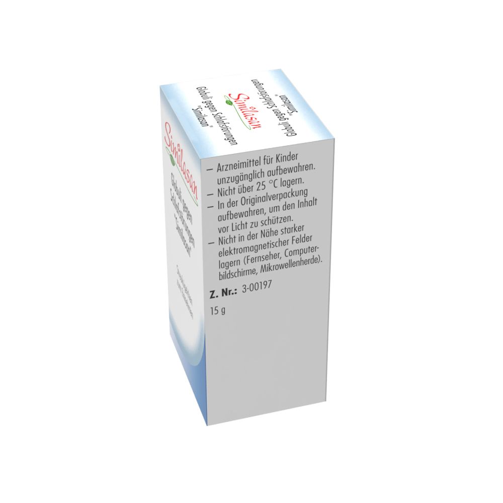 Schachtel mit Produktinformationen. Aufschrift: Similasan. Globuli gegen Schlafstörungen. 15g. Arzneimittel für Kinder unzugänglich aufbewahren.