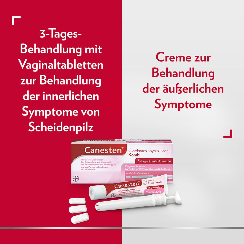 Text: 3-Tages-Behandlung mit Vaginaltabletten. Creme zur Behandlung äußerlicher Symptome.