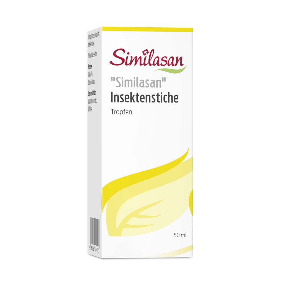 Schachtel mit Similasan, Tropfen gegen Insektenstiche. Gelbes Blatt-Design. 50 ml.