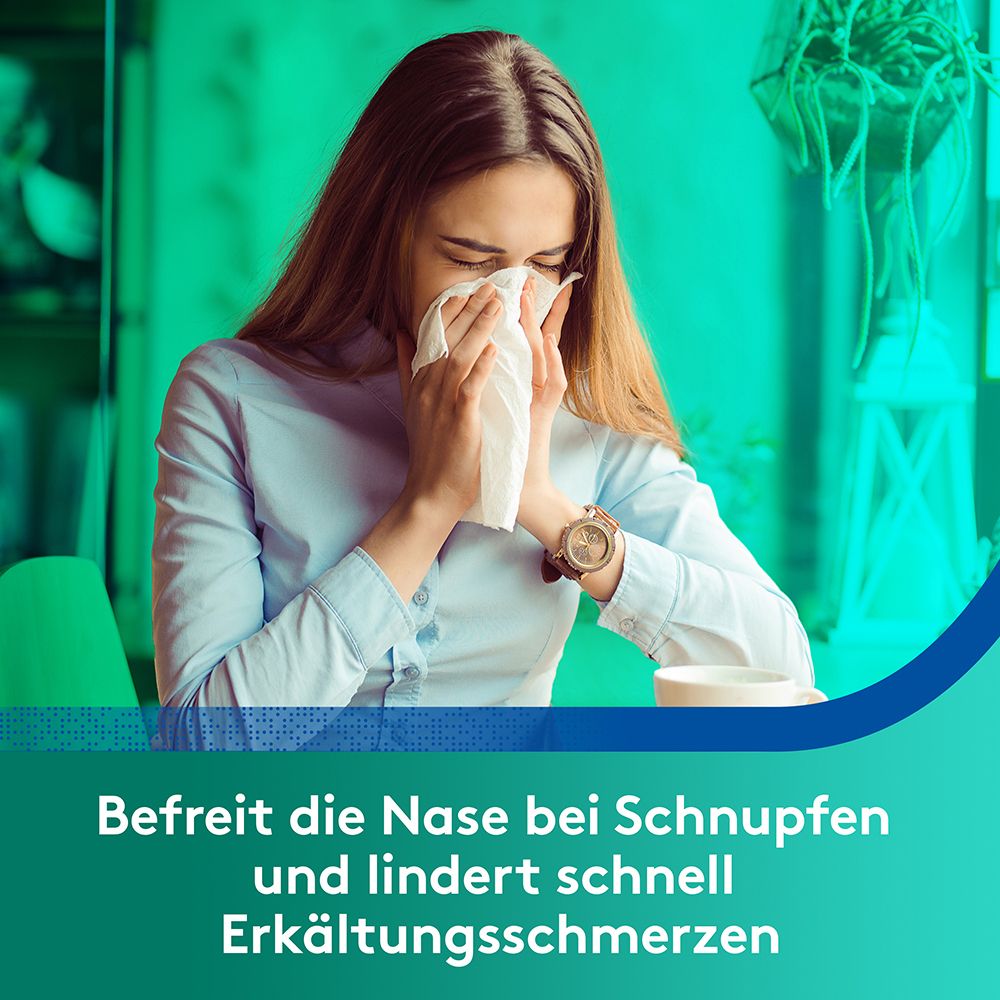 Frau mit Taschentuch. Text: Befreit die Nase bei Schnupfen und lindert schnell Erkältungsschmerzen.