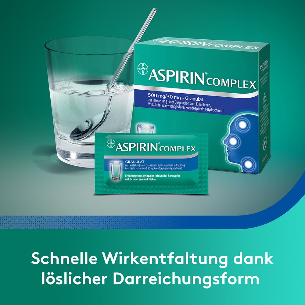 Aspirin Complex Packung, Glas mit Flüssigkeit und Löffel. Text: Schnelle Wirkentfaltung dank löslicher Darreichungsform.