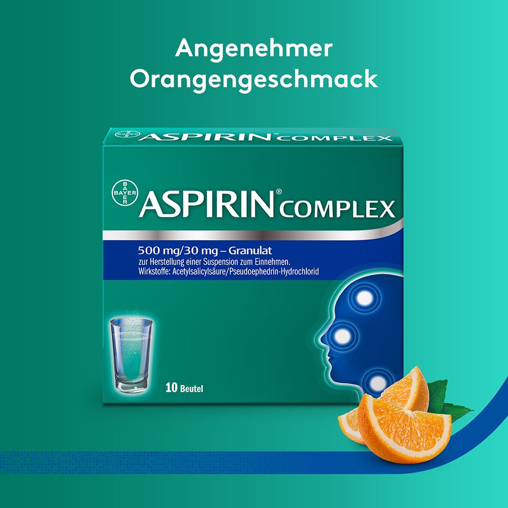 Aspirin Complex Packung mit Orangen. Text: Angenehmer Orangengeschmack.