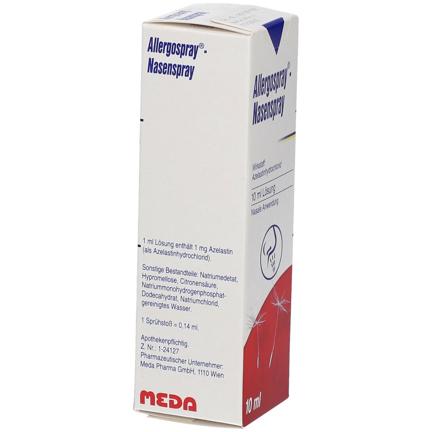 Weißer Karton mit Allergospray-Nasenspray-Aufdruck. Enthält 10 ml Lösung. Inhaltsstoffe sind angegeben. Meda-Logo unten.
