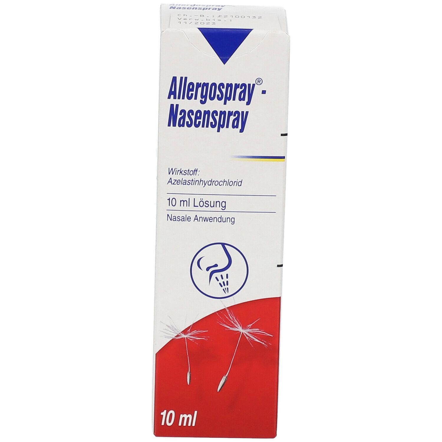 Weißer Karton mit Allergospray-Nasenspray-Aufdruck. Enthält 10 ml Lösung. Wirkstoff: Azelastinhydrochlorid. Nasale Anwendung.